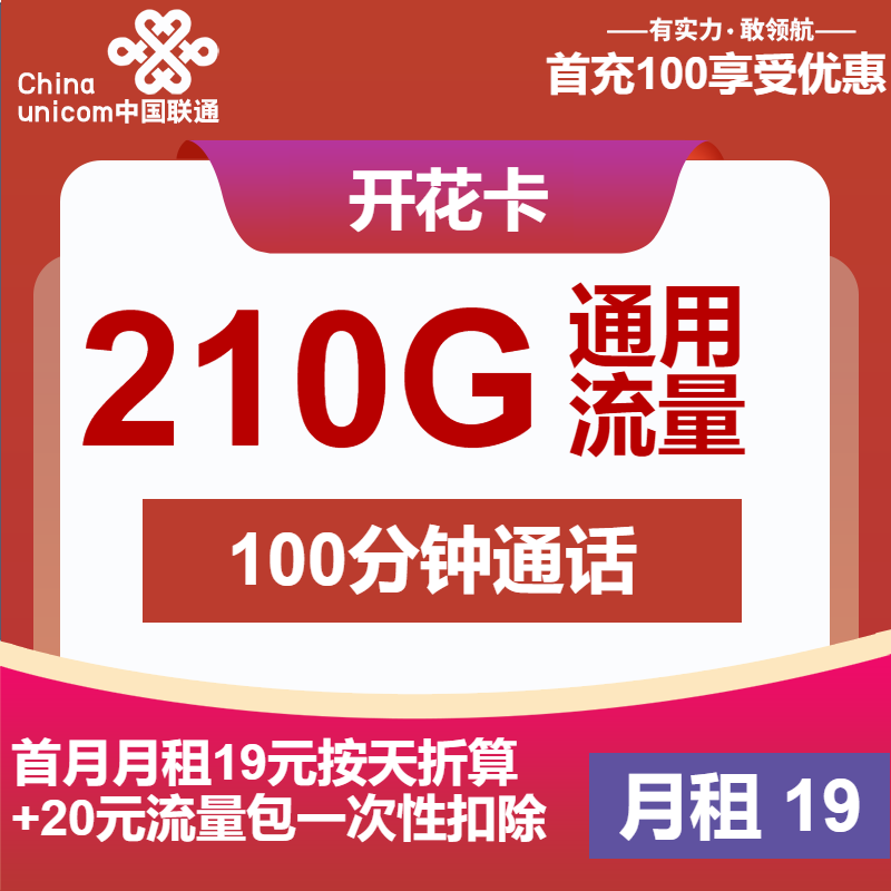 联通开花卡19元包210G通用+100分钟