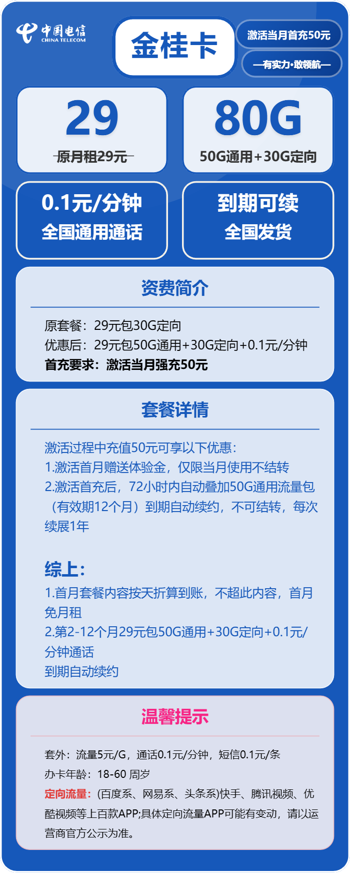 电信金桂卡29元包50G通用+30G定向+通话0.1元/分钟免费领取 包邮到家