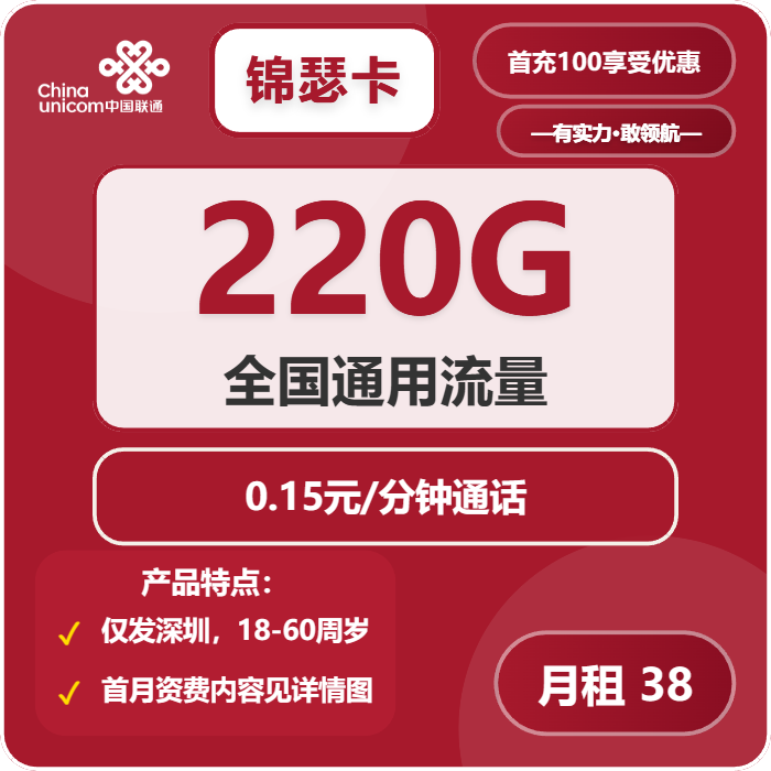 联通锦瑟卡38元包220G通用+通话0.15元/分钟免费领取 包邮到家